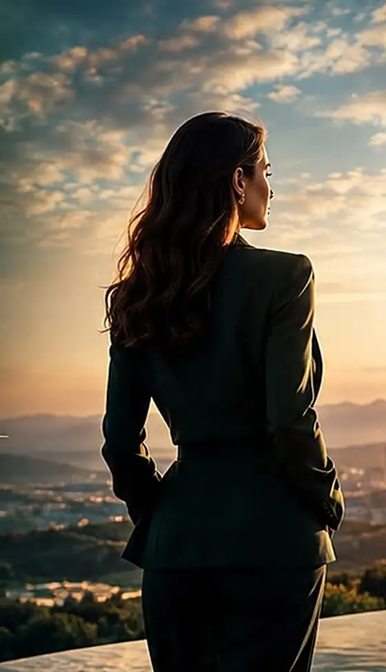 Mulher de terno contemplando a cidade ao pôr do sol